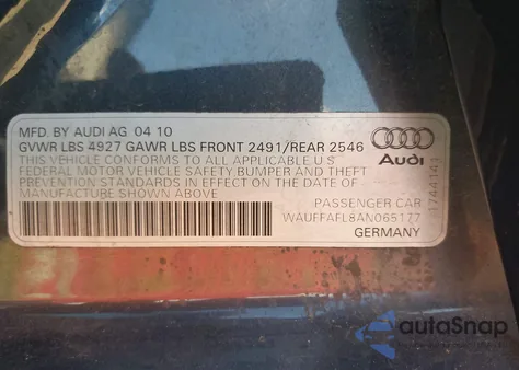 2010 Audi A4 2.0T Premium z USA, uszkodzony, nr VIN WAUFFAFL8AN065177